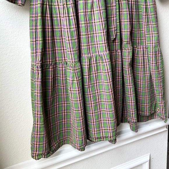 shirt by rochelle behrens Green Pink Flannel Plaid Ruffle Long Sleeve Dress Sz S - Picture 4 of 12